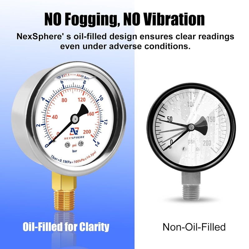 NexSphere 2-1/2" Liquid Filled Pressure Gauge, 0-200 PSI/0-14 Bar, 304 Stainless Steel Case, 1/4" NPT Lower Mount, Brass Connection, Manometer, IP67 Waterproof Air, Oil & Water Pressure Gauge - Image 3